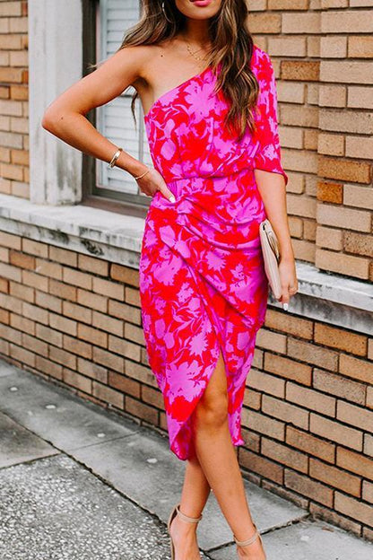 Casual One Shoulder Printed Tulip Hem Dress