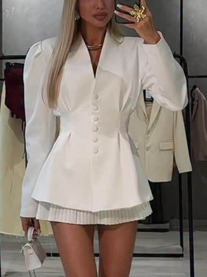 Exquisitely Cinched Waist Ruffle Hem A-Line Lapel Blazer