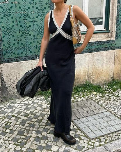 Elegant V-neck Lace Stitching Dress