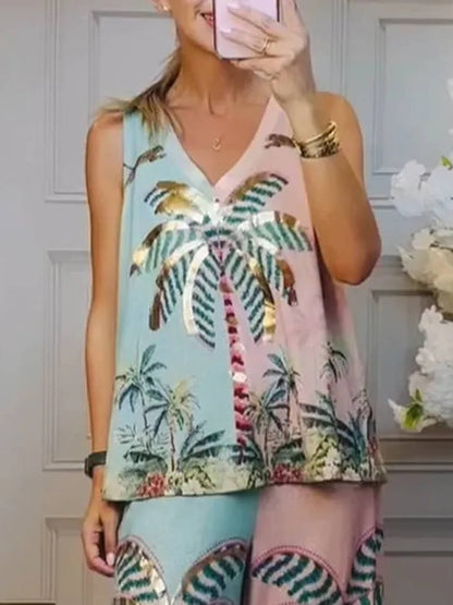 Unique Palm Tree Print Loose Tank Top
