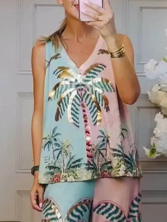 Unique Palm Tree Print Loose Tank Top
