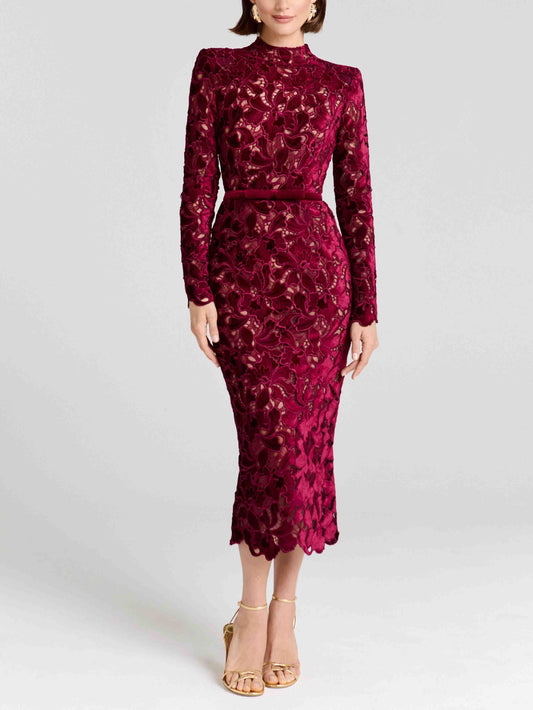 Elegant Embroidered Lace High-Neck Midi Dress