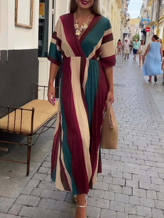 Elegant Irregular Stripe Print Pleated Maxi Dress
