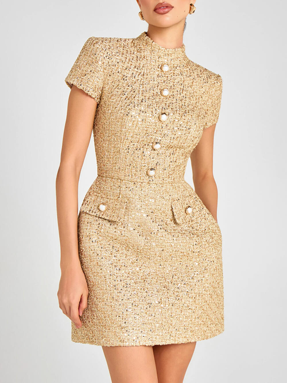 Elegant Stand Collar Button Detail Short-Sleeve Party Mini Dress