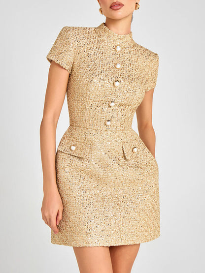 Elegant Stand Collar Button Detail Short-Sleeve Party Mini Dress