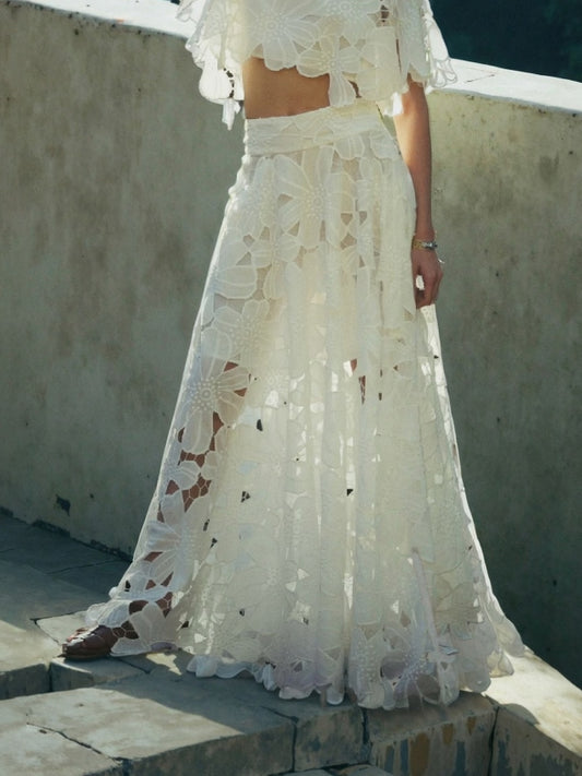 Elegant Hollow Floral Lace Maxi Skirt