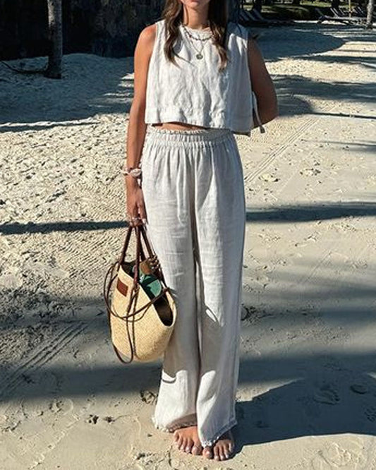 Casual Solid Lace-Up Vest & Pants Two-Piece Set