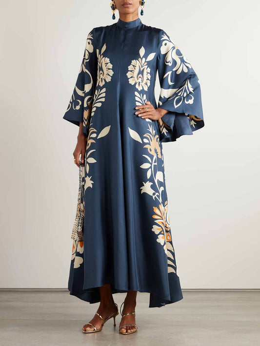 Vintage Floral Print Neckline Flowy Maxi Dress