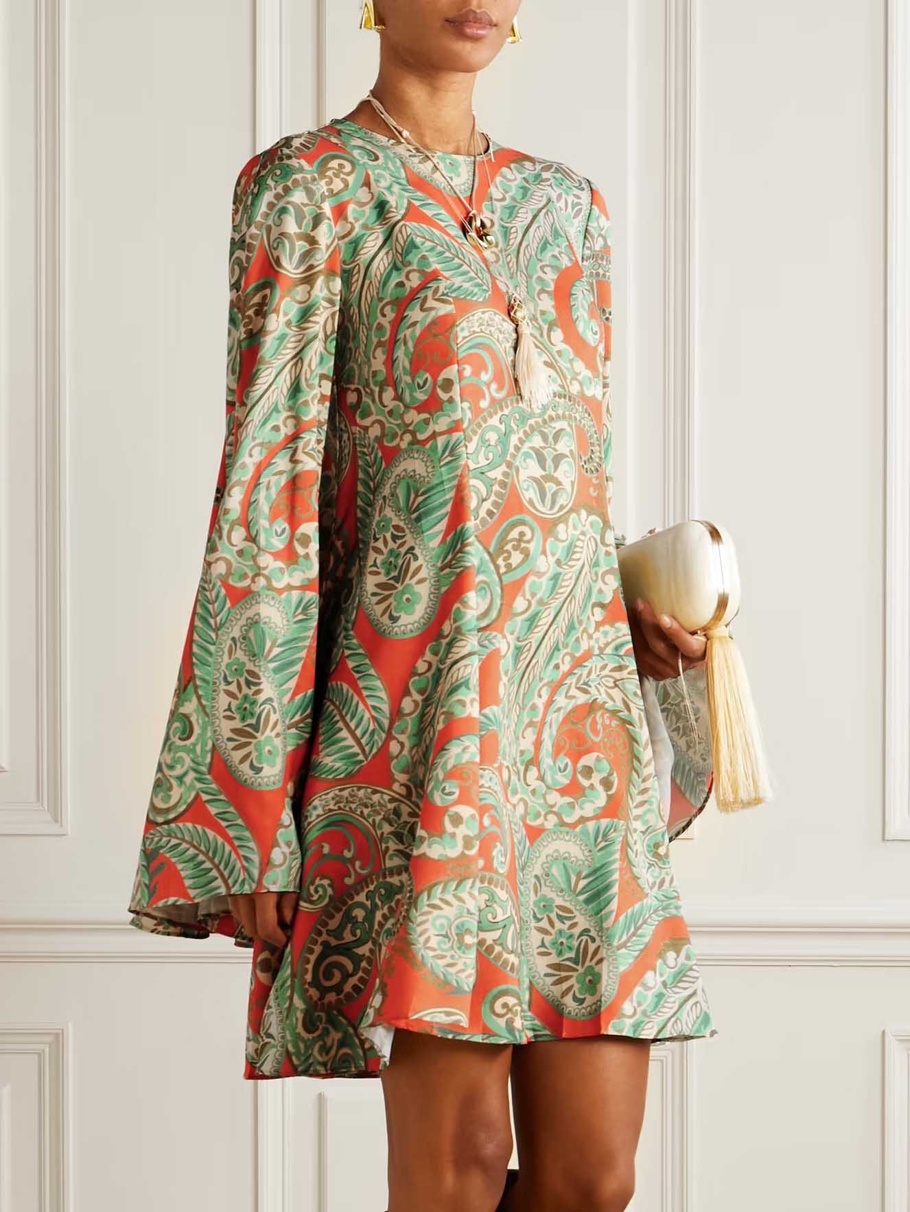 Retro Paisley Print Bell Sleeve Mini Dress