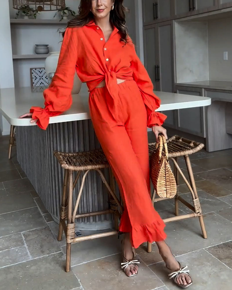 Ruffled casual cotton and linen two-piece set