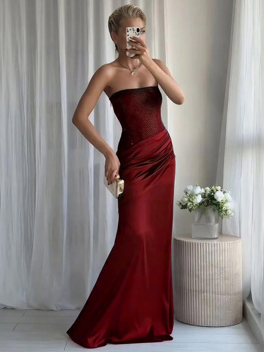 Elegant Strapless Rhinestone Pleated Party Dress