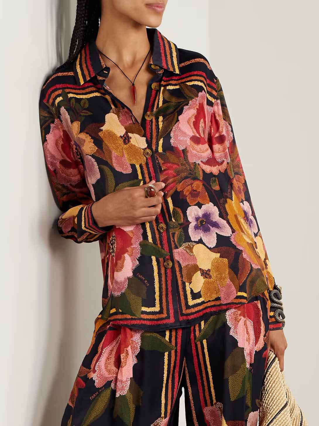 Exquisite Floral Satin Print Long-sleeved Shirt