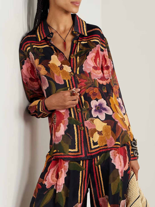 Exquisite Floral Satin Print Long-sleeved Shirt