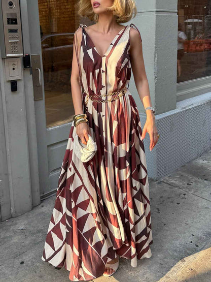 Unique Abstract Geometric Print Deep V-neck Fluffy Maxi Dress