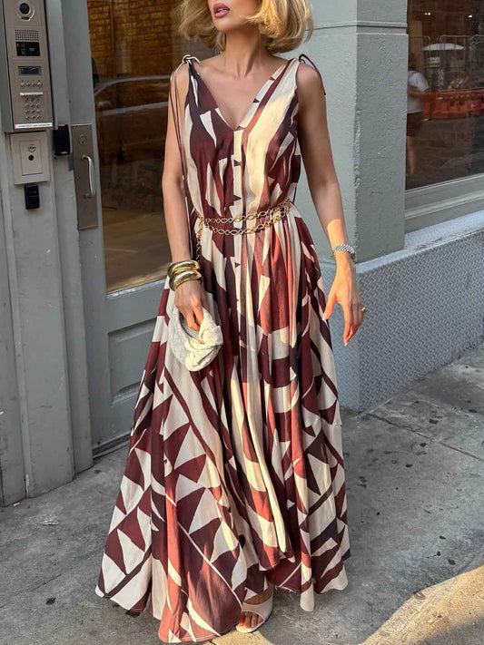 Unique Abstract Geometric Print Deep V-neck Fluffy Maxi Dress