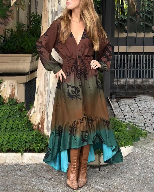 Bohemian resort V-neck printed dress