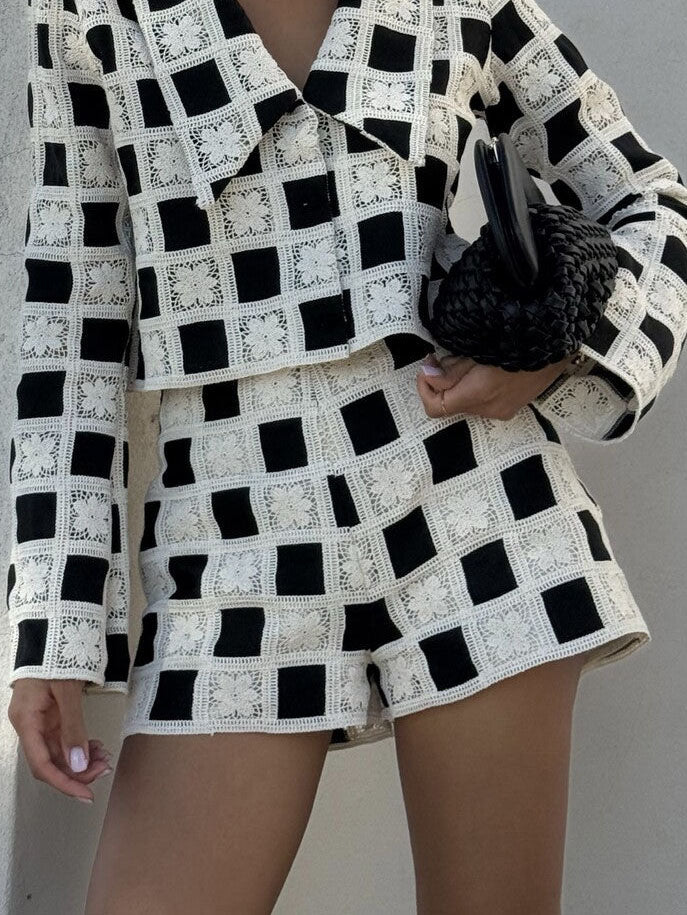 Exquisite Crochet Grid Pattern High-Waisted Shorts
