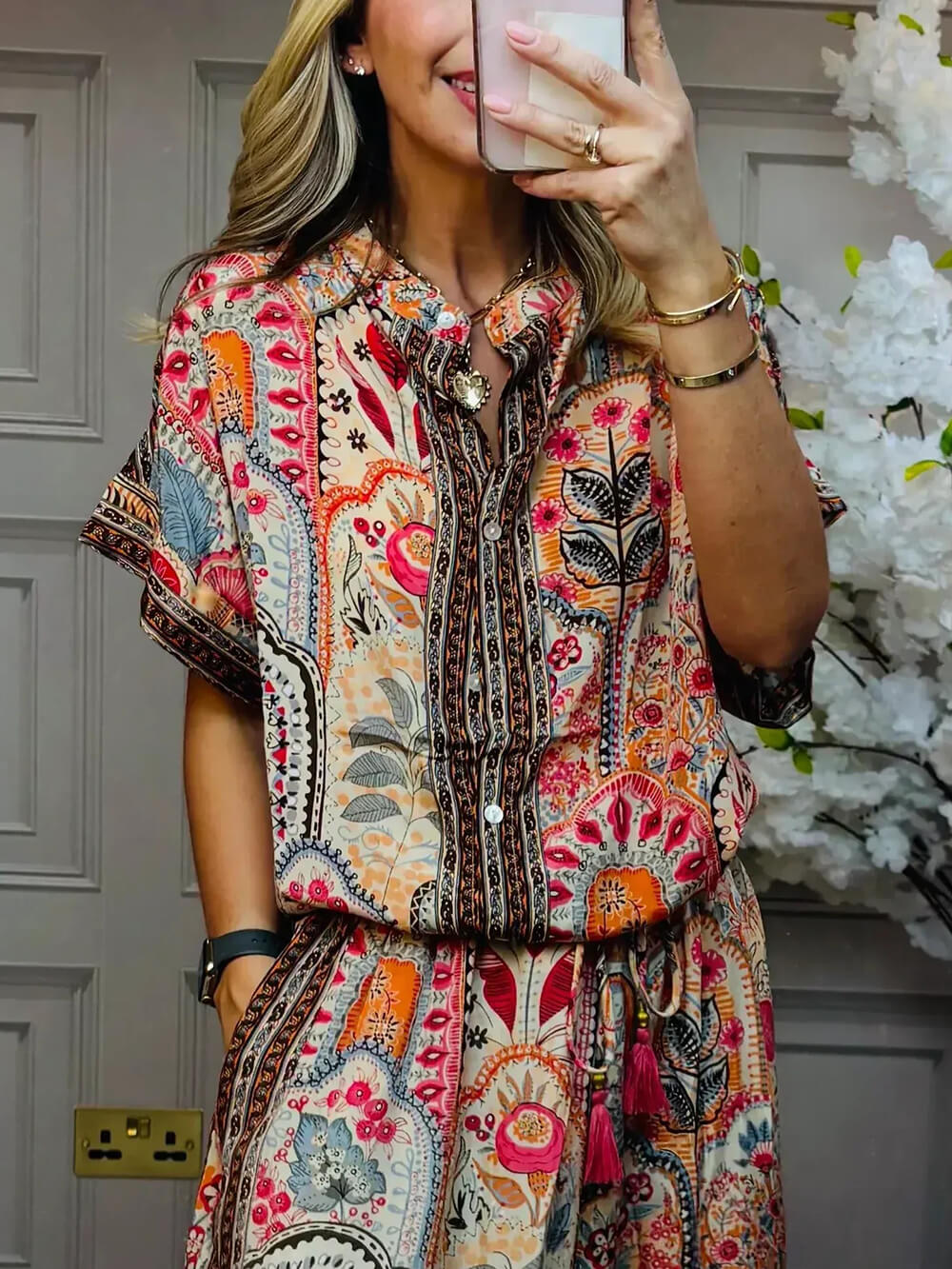 Boho Print Tassel Detail Casual Elastic Waist Pocket Wide-Leg Pants