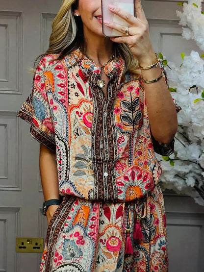 Boho Print Tassel Detail Casual Elastic Waist Pocket Wide-Leg Pants