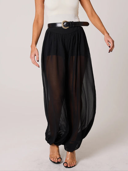 Classic Autumn Avenue Chiffon See-Through Elastic Waist Aladdin Bloomers Pants