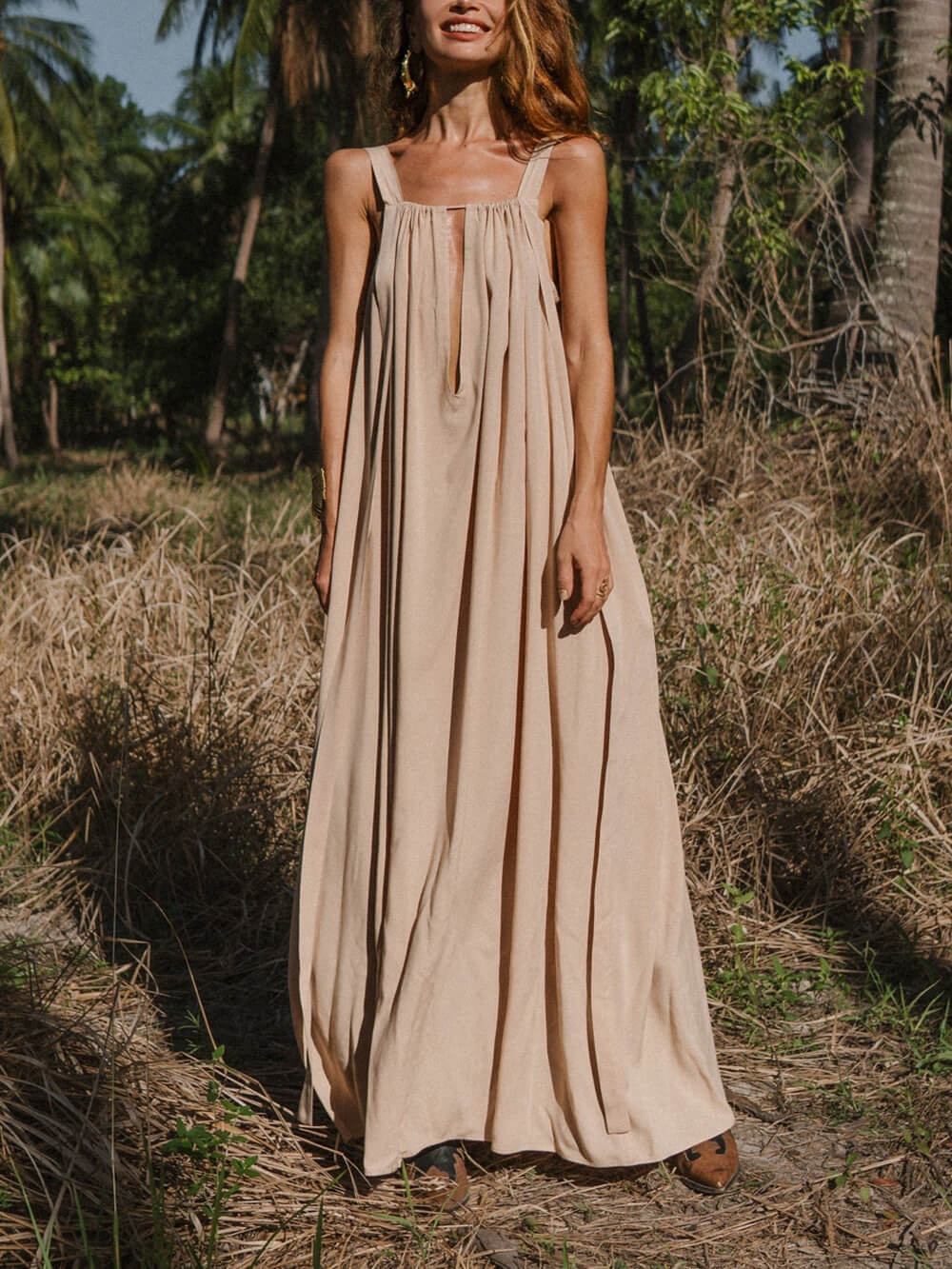 Elegant Square Neckline Beige Backless Flowing Ties Maxi Dress
