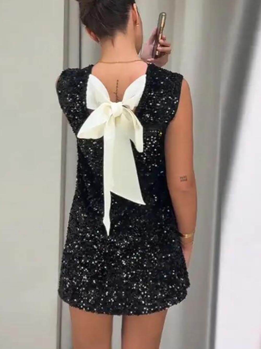 Sequined Tie-Back Bows Party Mini Dress