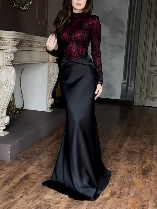 Elegant Lace Bodice Satin Mermaid Maxi Dress