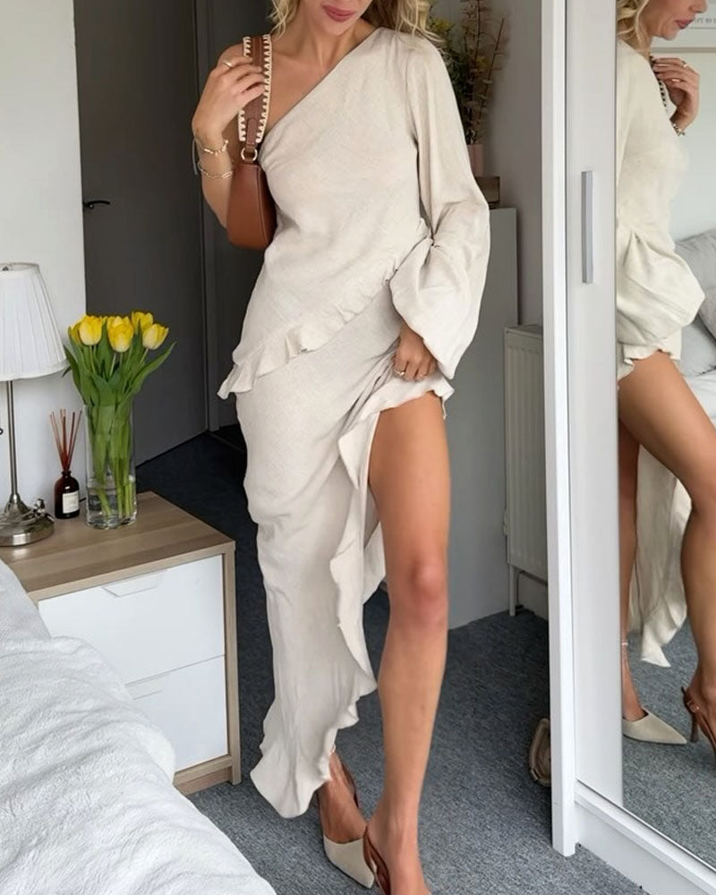 Casual Solid Color Shoulder Single Sleeve Cotton Linen Dress