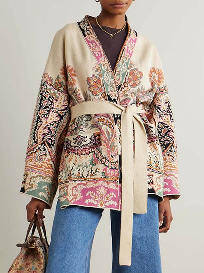 Classic Unique Print Belted Cotton-Linen Jacquard Cardigan