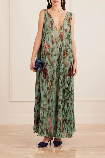Elegant Flowing Floral Print Ruched Chiffon Maxi Dress