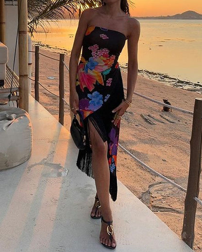 Elegant Vacation Print Fringe Dress