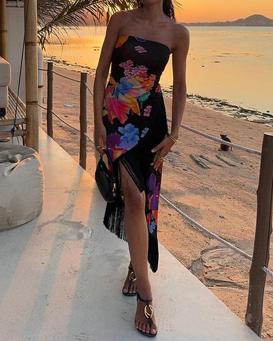 Elegant Vacation Print Fringe Dress