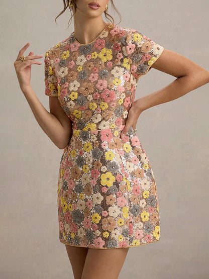 Retro 80's Inspired Floral Print Sequin Short Sleeve Stretch Mini Dress