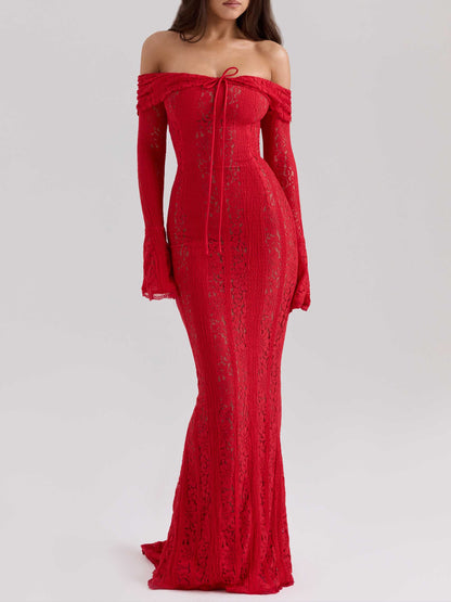 Elegant One Shoulder Lace Fishtail Maxi Dress