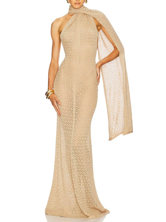 Exquisite Backless Mesh Wrap Scarf Detail Knit Maxi Dress