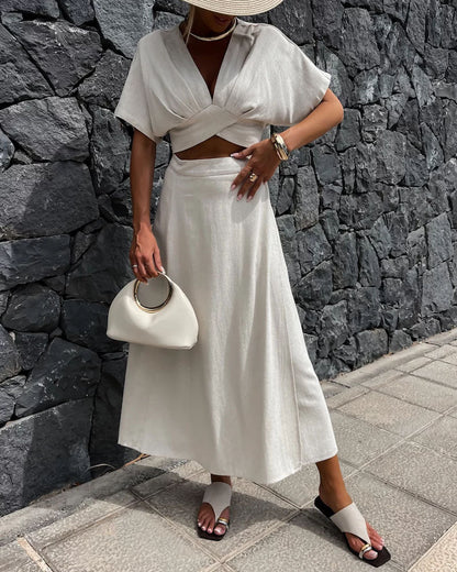 Casual Solid V-Neck Top & Skirt Two-Piece Set