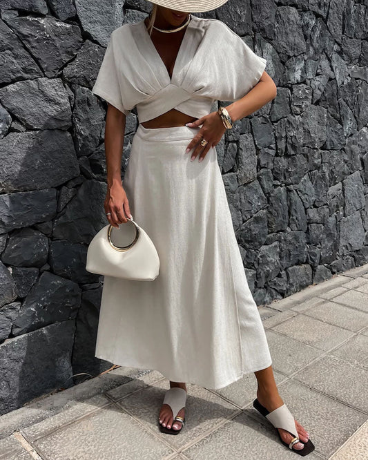 Casual Solid V-Neck Top & Skirt Two-Piece Set