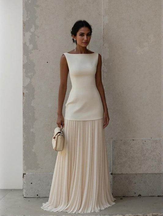 Elegant Pleated Classic Boat Neck Pleated Maxi Dress