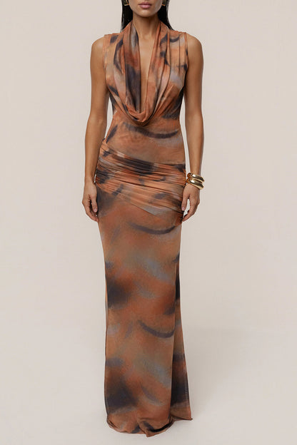 Elegant Abstract Print Draped Neckline Maxi Dress