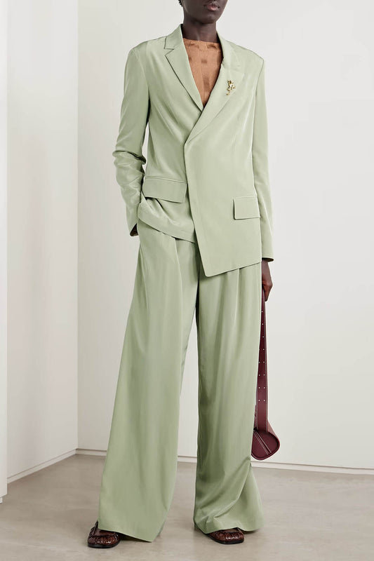 Fashion Asymmetric Crepe Blazer Pleated Pocket Wide-Leg Pants Set