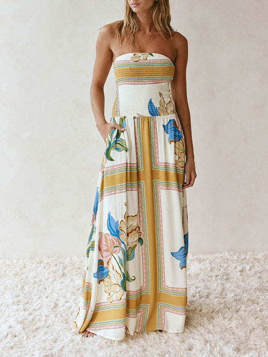 Elegant Off-Shoulder Printed Ruched A-Line With Pockets Maxi Dress