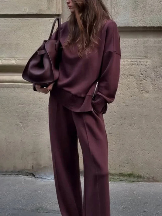 Classic Double Soft Turtleneck Side Zipper Sweatshirt and Elastic Waist Pocketed Loose Pants Set