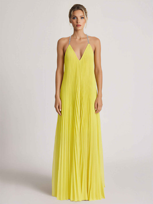 Elegant Pleated V-Neck Backless Chiffon Maxi Dress