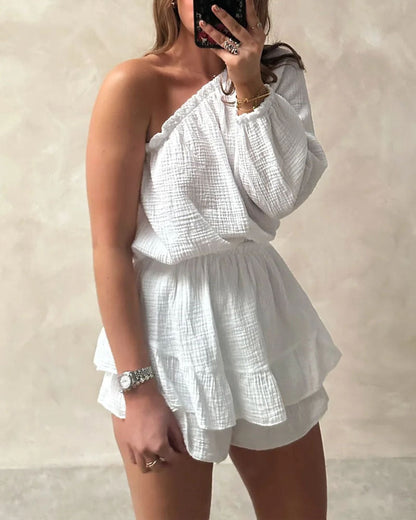 Casual Solid Color One-Sleeve Top & Culottes Two-Piece Set