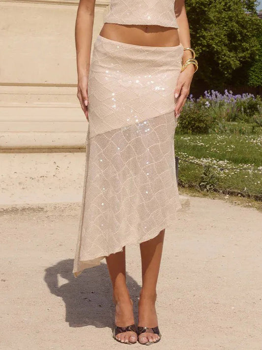 Elegant Asymmetric Sequin Knit Midi Skirt