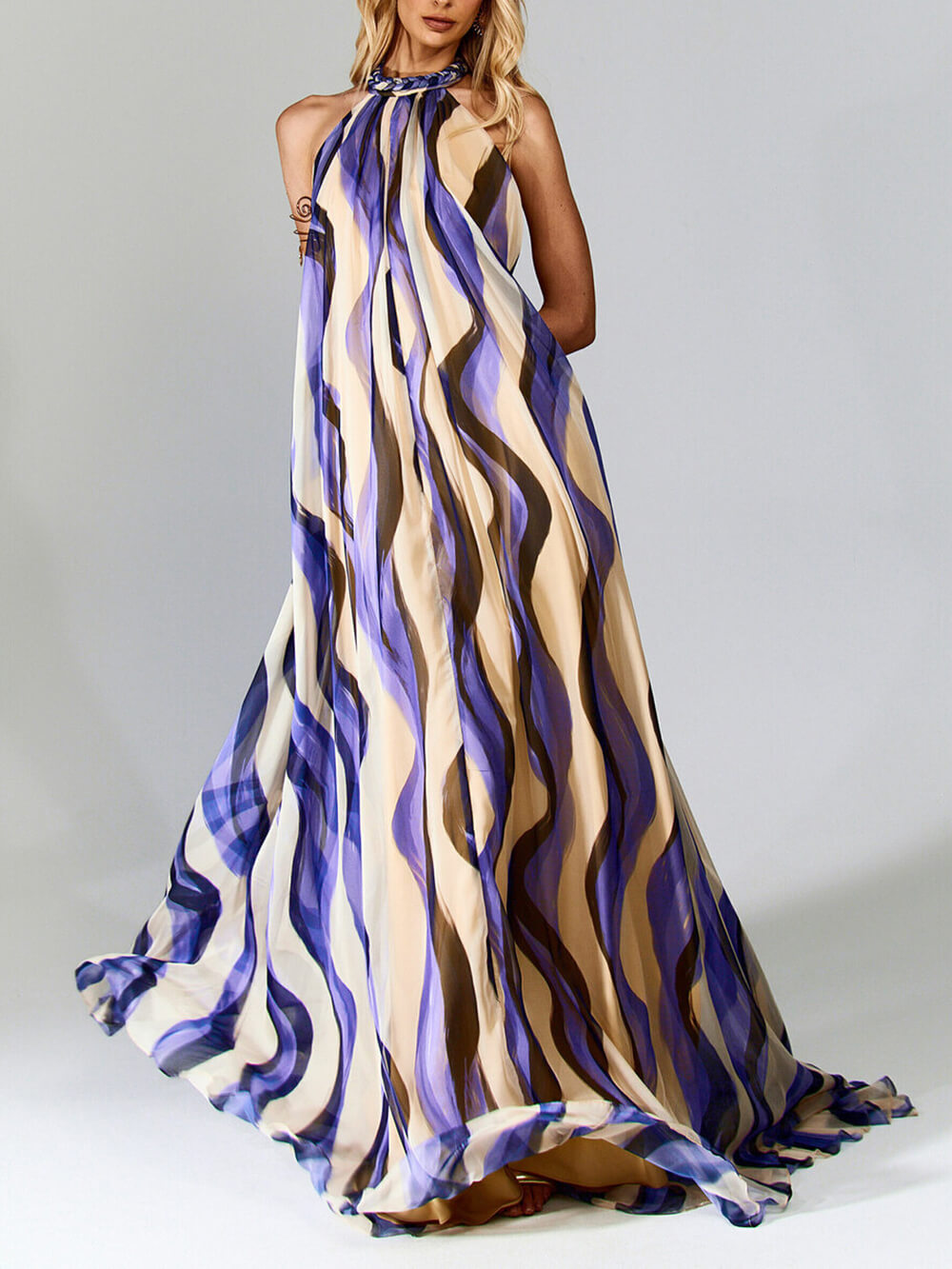 Elegant Vibrant Print Woven-Detail Backless Maxi Dress