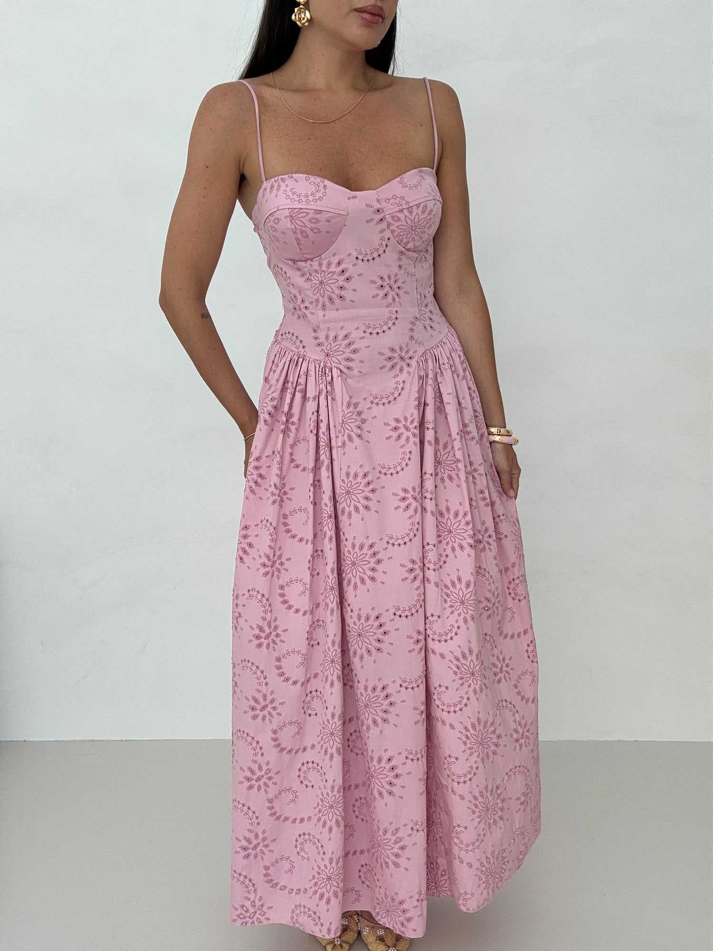 Romantic Embroidered Sweetheart Neck Spaghetti Strap Maxi Dress