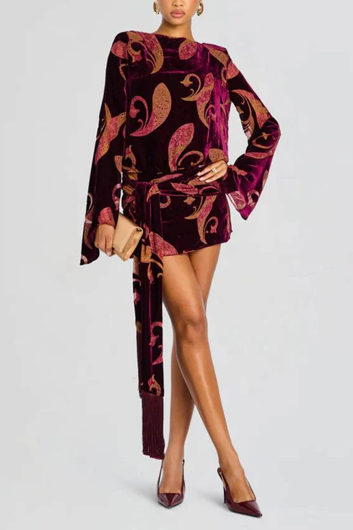 Exquisite Paisley Print Bell-Sleeve Tassel Belt Mini Dress