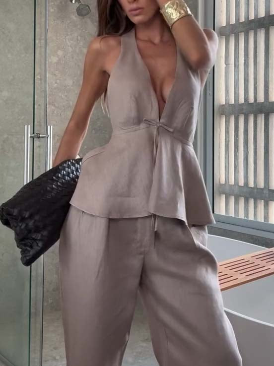 Elegant Halter Neck Lace-up Top And Wide Leg Pants Suit-Top