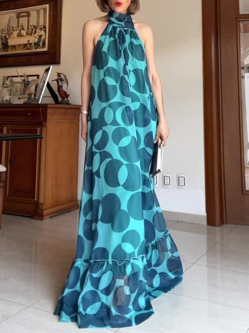 Elegant Halterneck Abstract Print Chiffon Flowy Maxi Dress